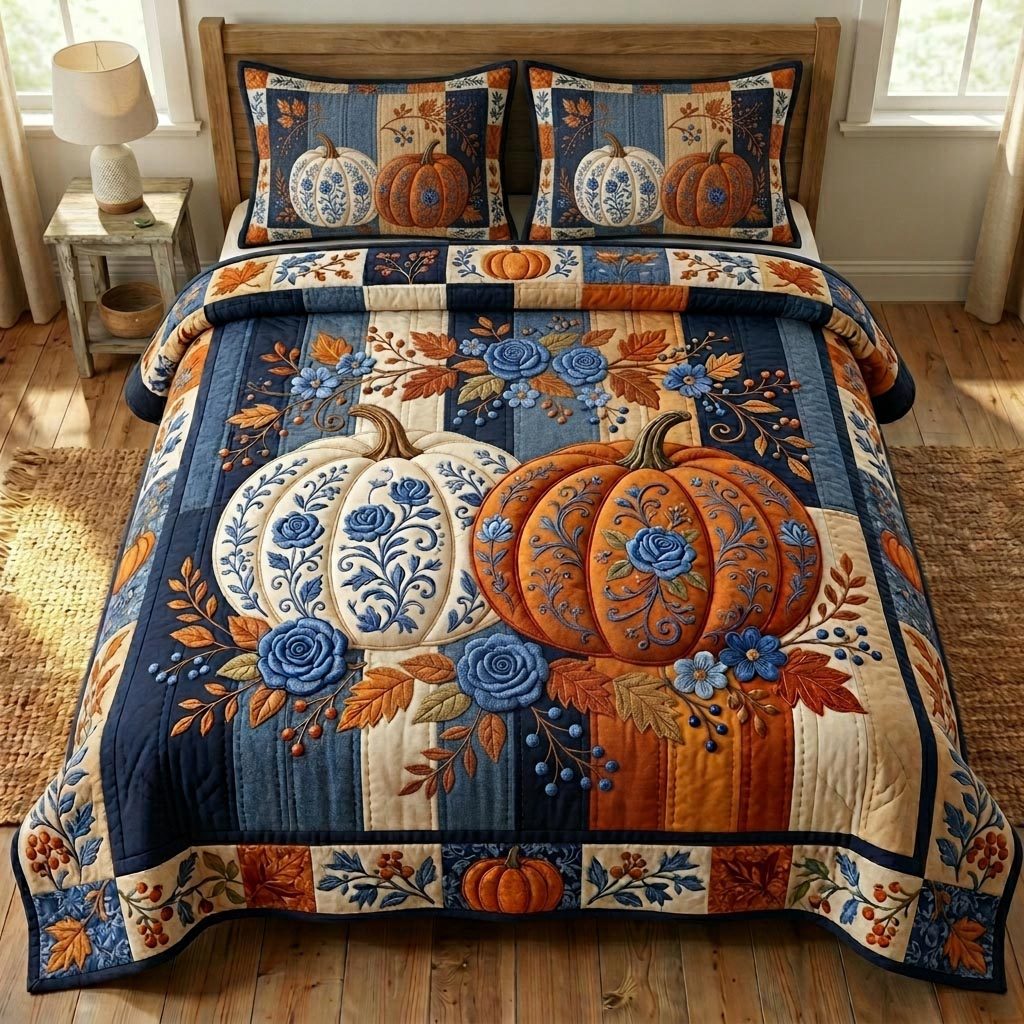 Pumpkin Patch Blue quilted 3-piece bedding set on a made bed against a dark styled interior