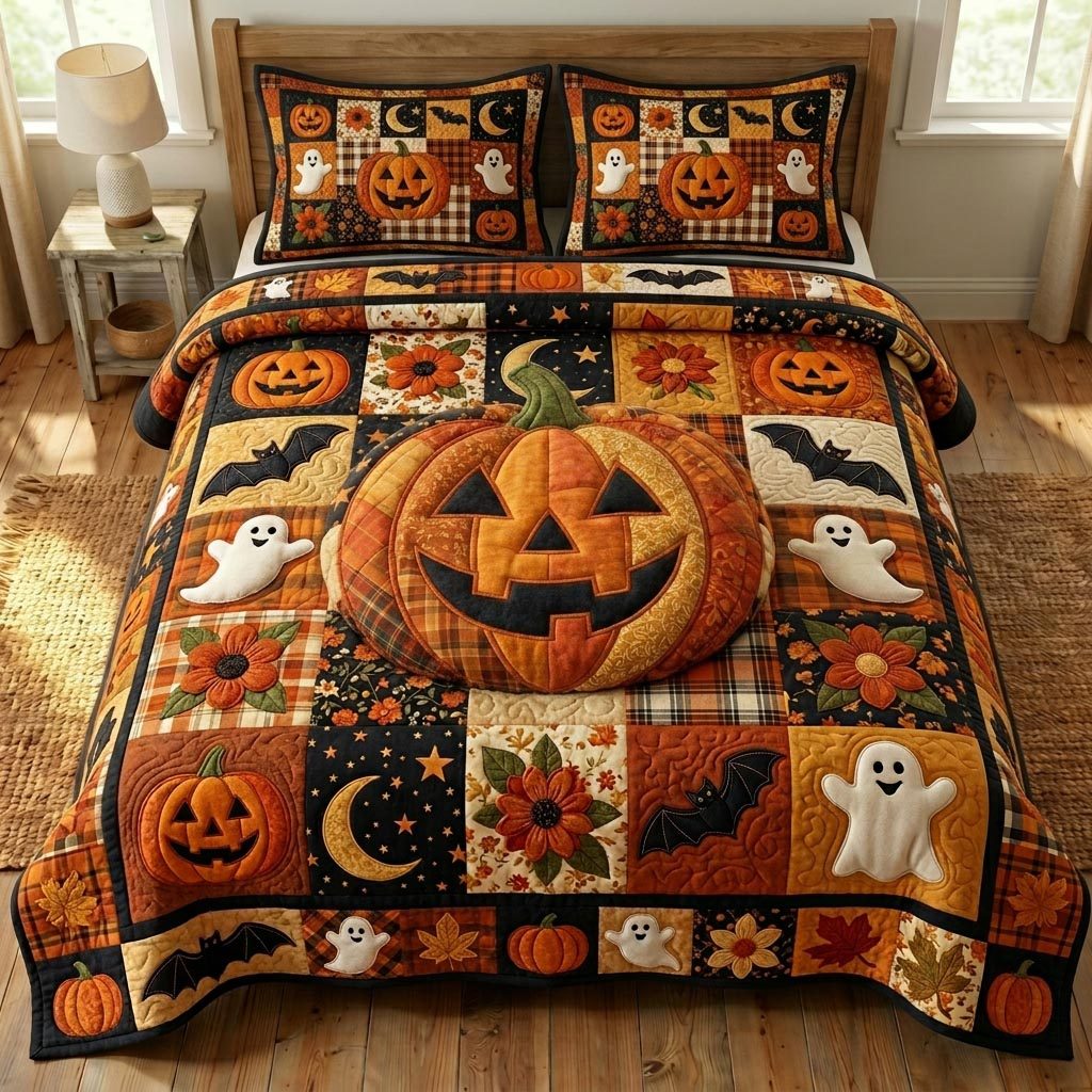 Pumpkin Patch Ghost quilted 3-piece bedding set on a made bed against a dark styled interior