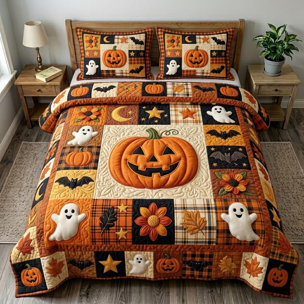 Pumpkin Patch Moon quilted 3-piece bedding set on a made bed against a dark styled interior