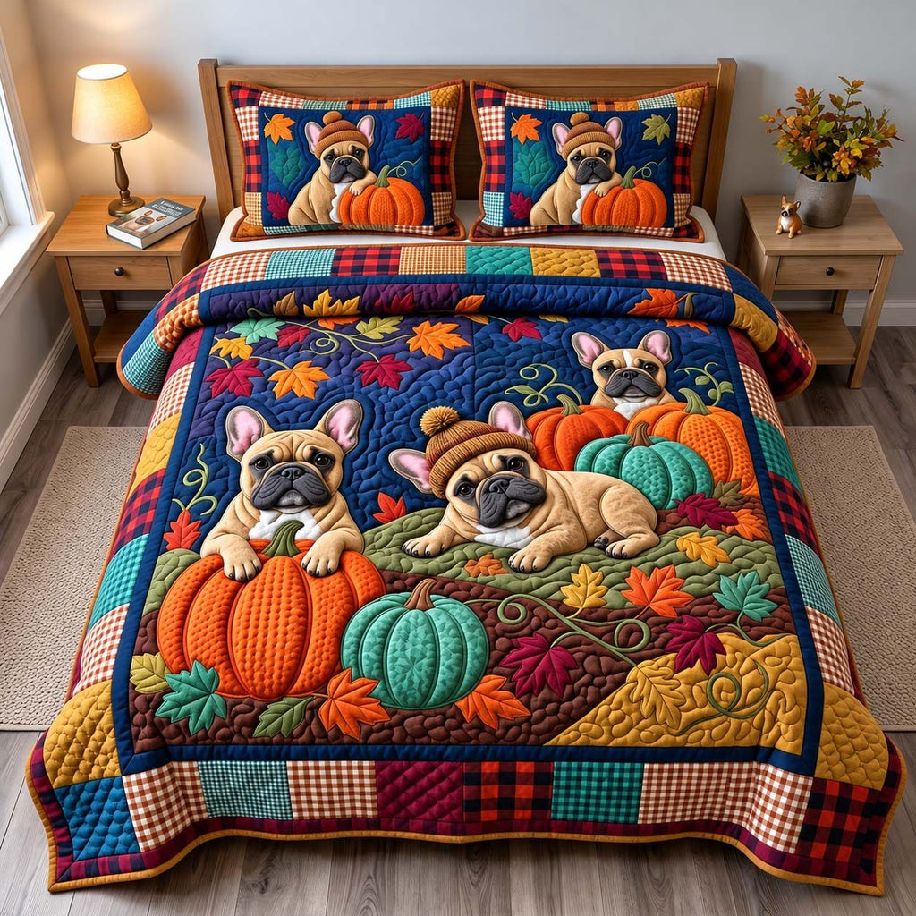 Pumpkin Patch Pups quilted 3-piece bedding set on a made bed against a dark styled interior