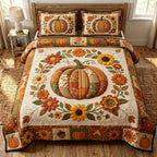 Pumpkin Patch Ring quilted 3-piece bedding set on a made bed against a dark styled interior