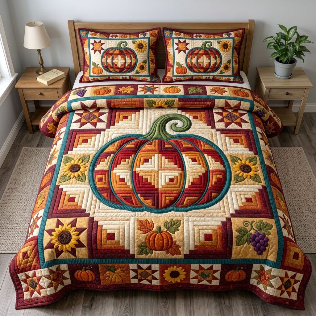 Pumpkin Patch Star quilted 3-piece bedding set on a made bed against a dark styled interior