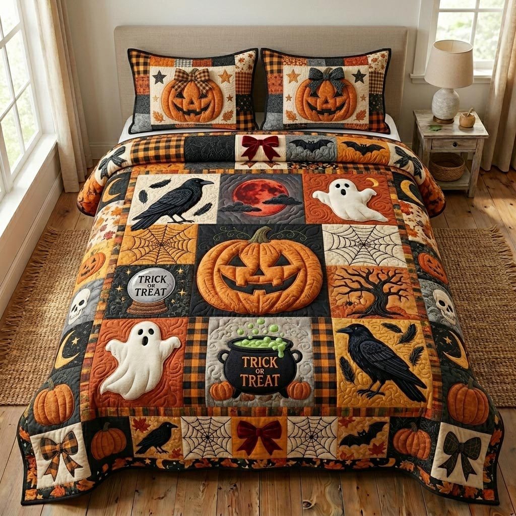 Pumpkin Patch Trick quilted 3-piece bedding set on a made bed against a dark styled interior