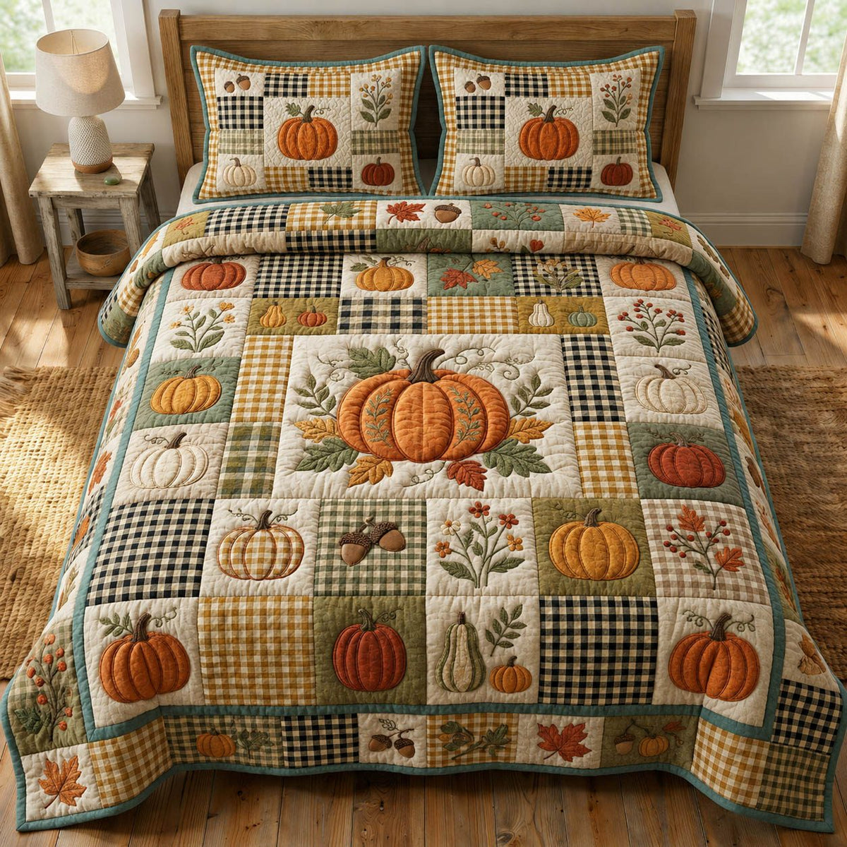 Pumpkin Patchwork Cream quilted 3-piece bedding set on a made bed against a dark styled interior