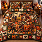 Pumpkin Wagon Voodoo Doll quilted 3-piece bedding set on a made bed against a dark styled interior