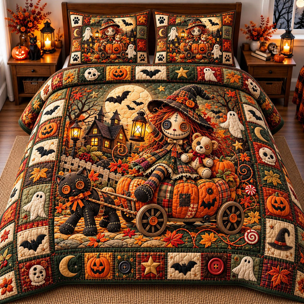 Pumpkin Wagon Voodoo Doll quilted 3-piece bedding set on a made bed against a dark styled interior