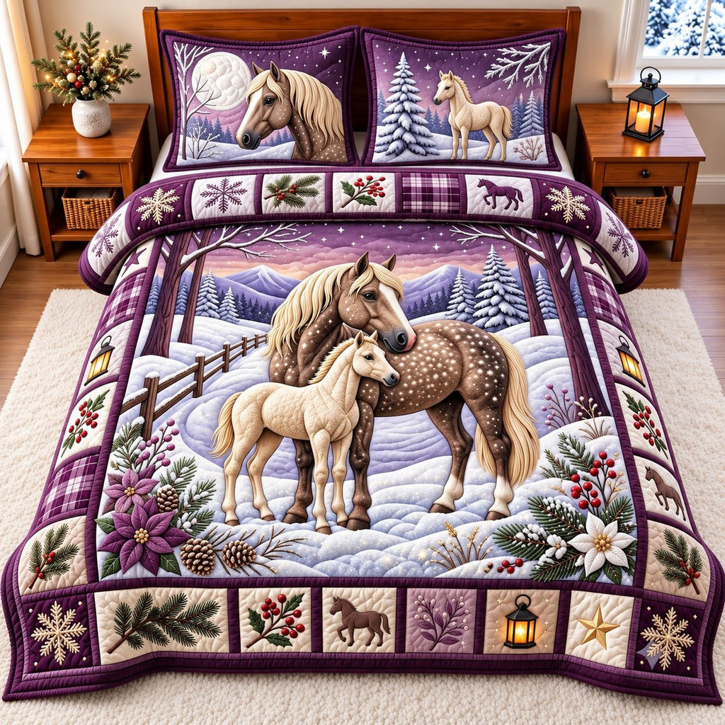 Purple Dusk Snowy Horse quilted 3-piece bedding set on a made bed in a rustic timber bedroom