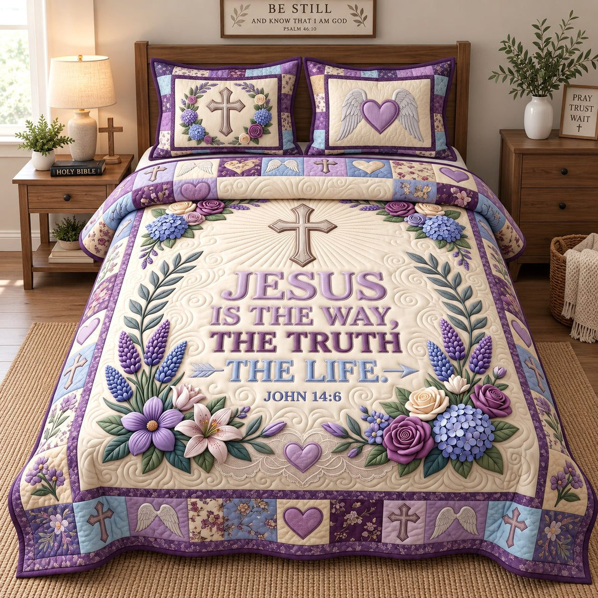 Purple Floral Grace quilted 3-piece bedding set on a made bed with two matching pillow shams