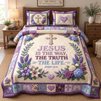 Purple Floral Grace quilted 3-piece bedding set on a made bed with two matching pillow shams