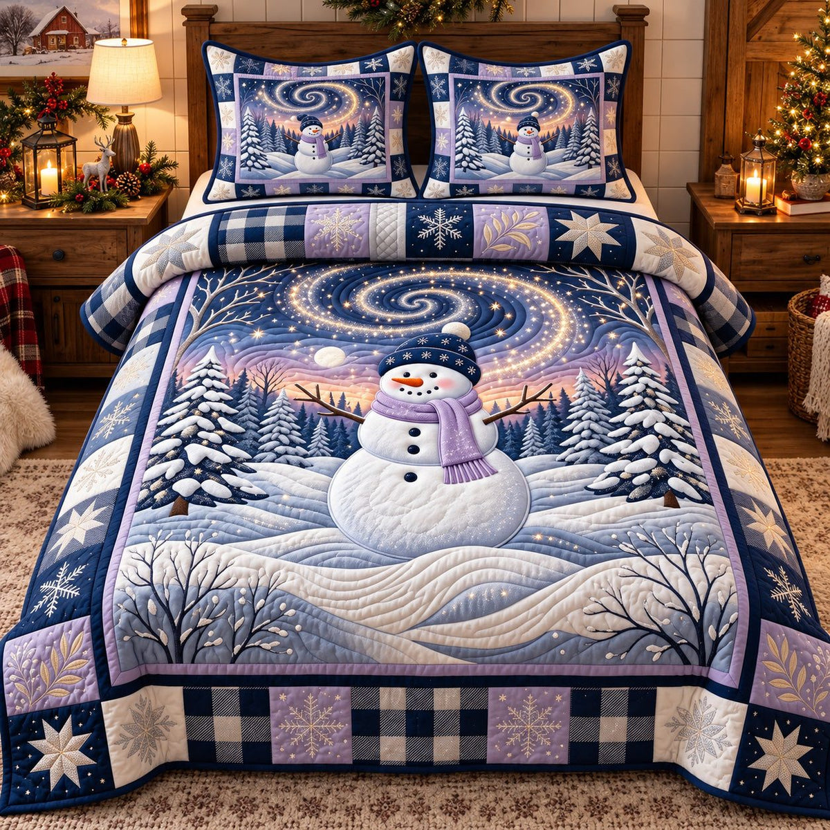 Purple Night Festive Snowman quilted 3-piece bedding set on a made bed in a winter-styled bedroom