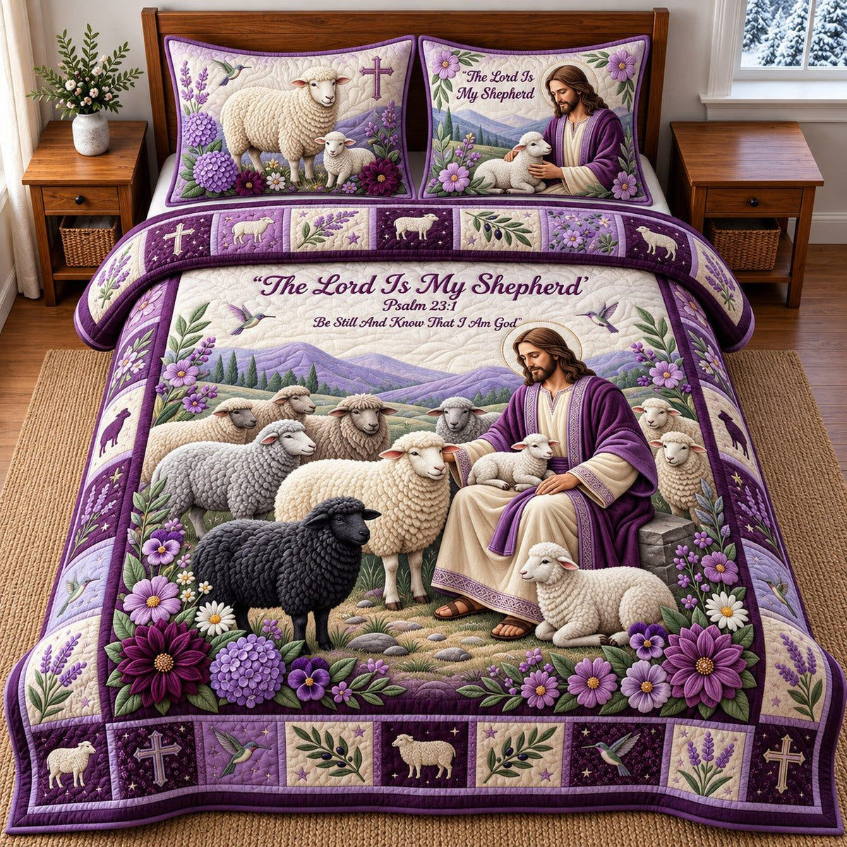 Purple Shepherd quilted 3-piece bedding set on a made bed with two matching pillow shams