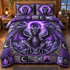 Purple Storm Dragon quilted 3-piece bedding set on a made bed with two matching pillow shams