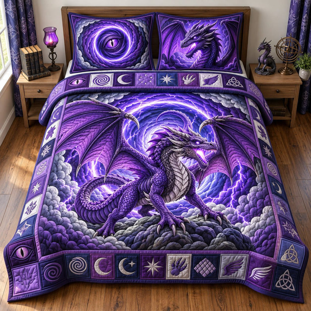 Purple Vortex Thunder King Dragon quilted 3-piece bedding set on a made bed with two matching pillow shams