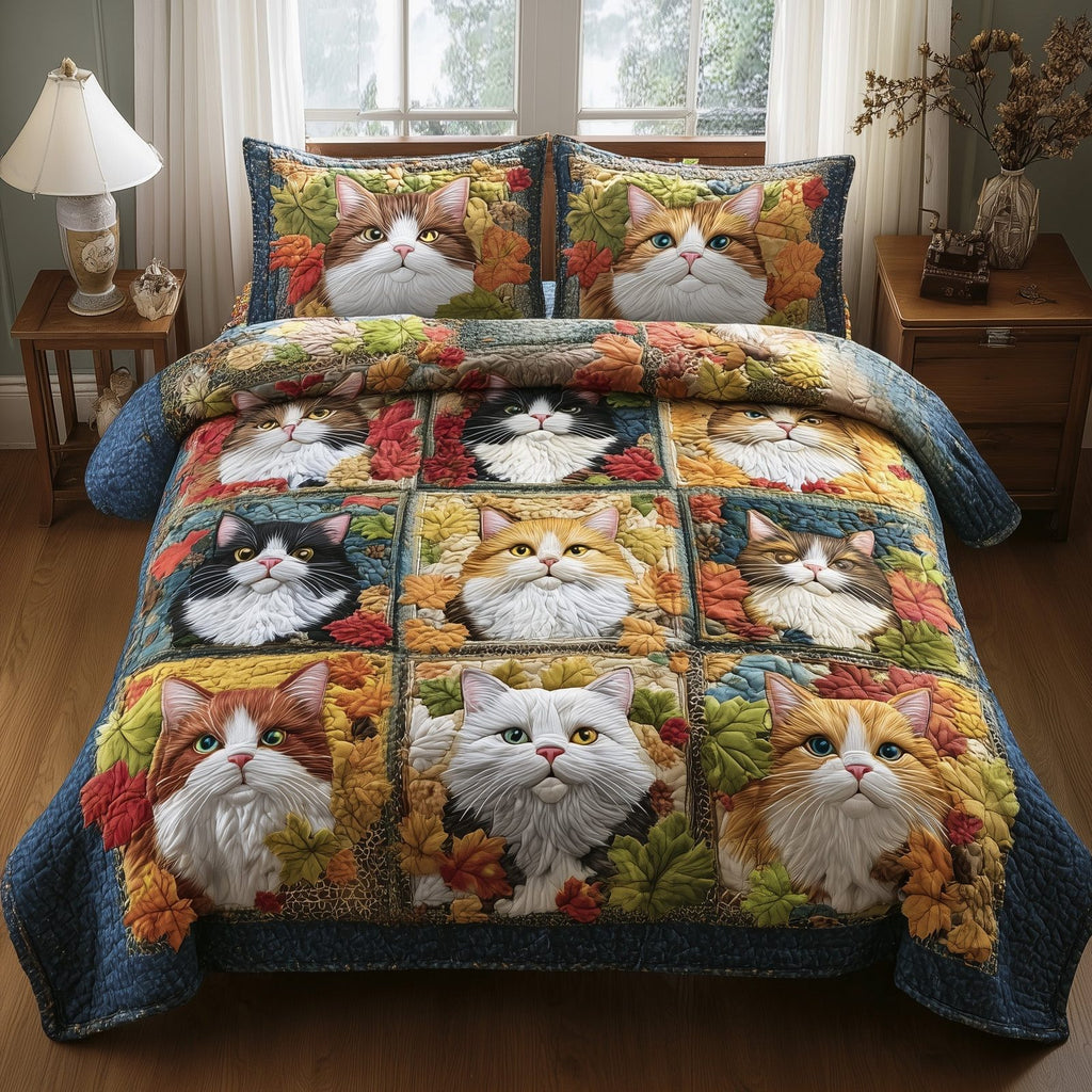 Purrfect Fall Cats Grid quilted 3-piece bedding set on a made bed with two matching pillow shams