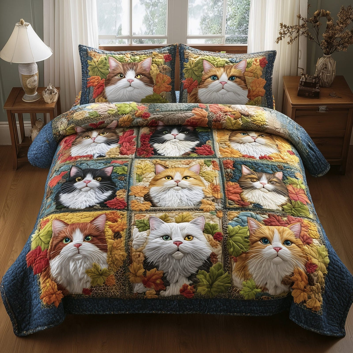 Purrfect Fall Cats Grid quilted 3-piece bedding set on a made bed with two matching pillow shams