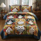Purrfect Fall Cats Grid quilted 3-piece bedding set on a made bed with two matching pillow shams
