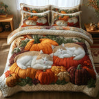 Purrfect Fall Dreams Trio quilted 3-piece bedding set on a made bed with two matching pillow shams