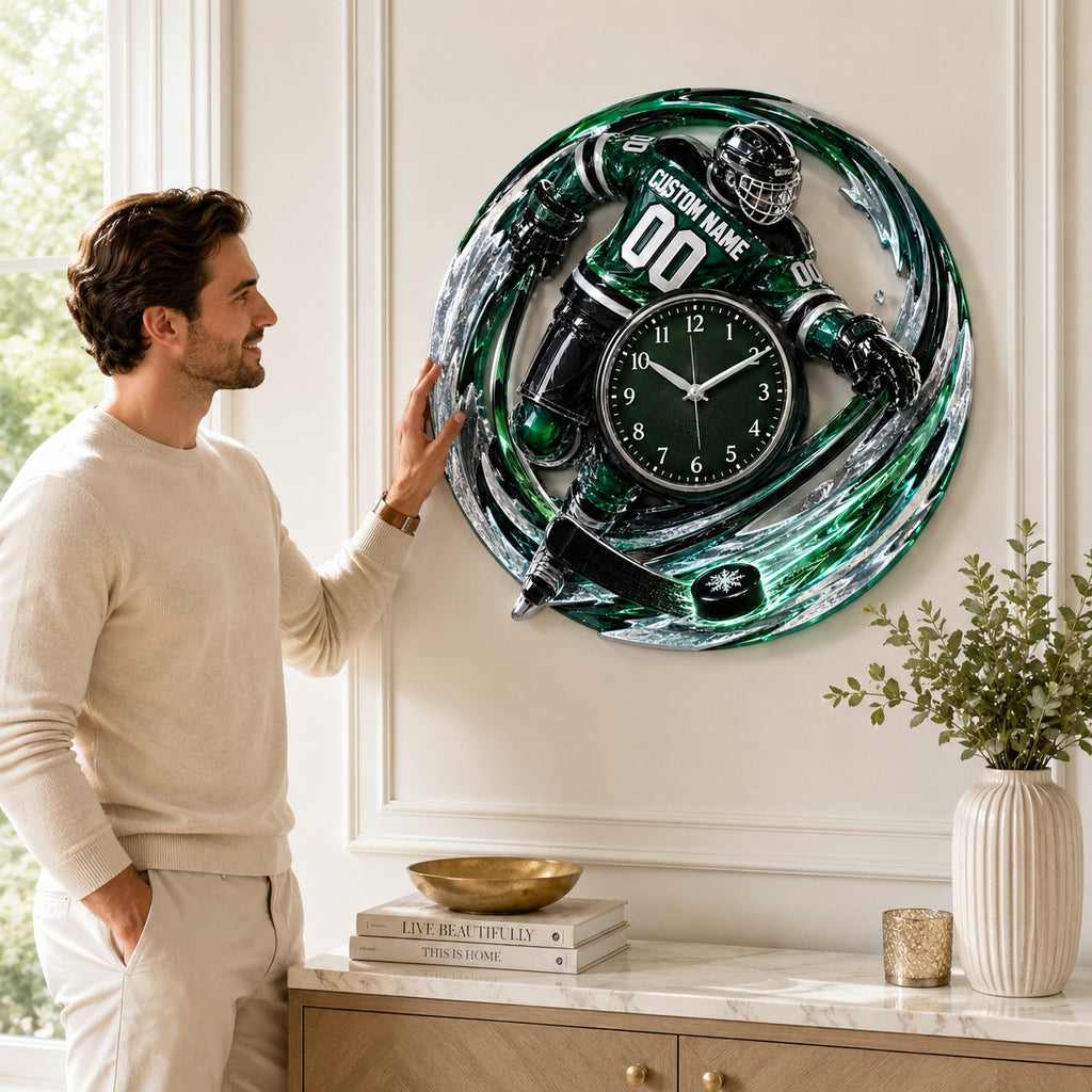 Hockey Player Gift Custom Name Wall Clock — personalized with a custom name