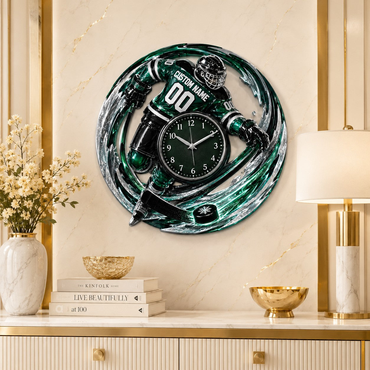 Hockey Player Gift Custom Name Wall Clock — personalized with a custom name