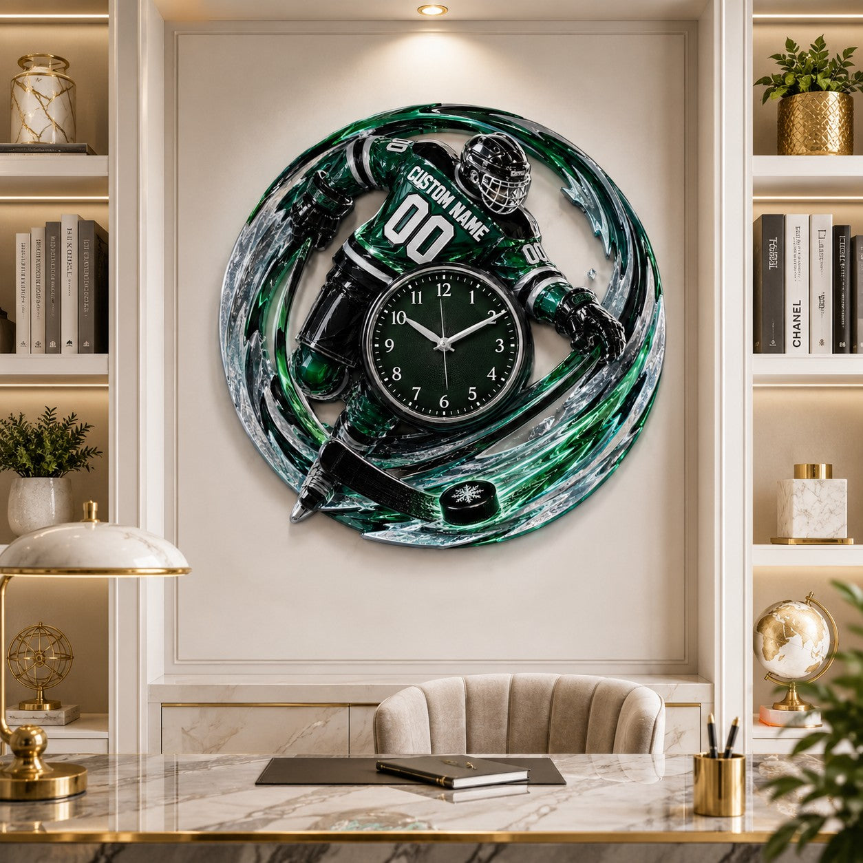 Hockey Player Gift Custom Name Wall Clock — personalized with a custom name