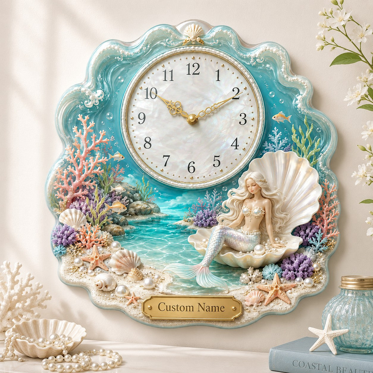 Pearl shell Custom Name Wall Clock — personalized with a custom name
