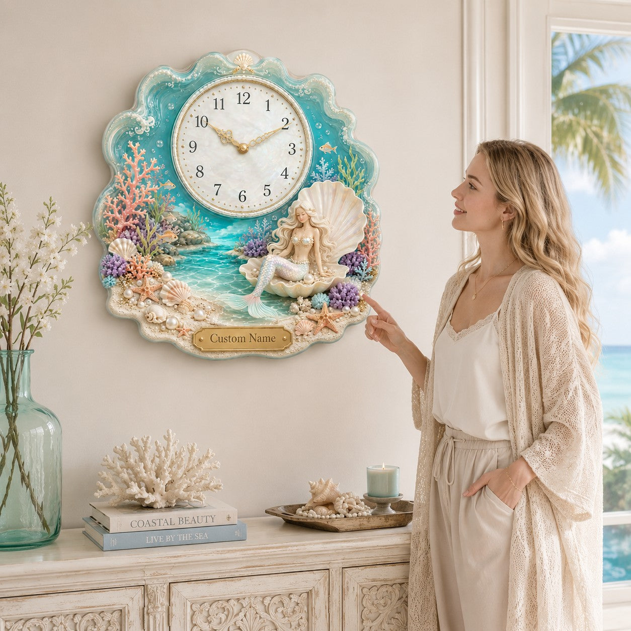 Pearl shell Custom Name Wall Clock — personalized with a custom name