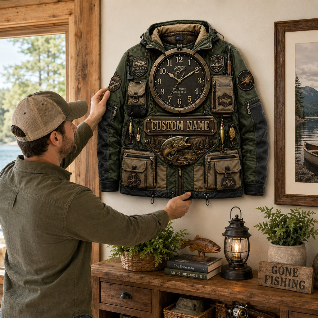 Fishing jacket Custom Name Wall Clock — personalized with a custom name