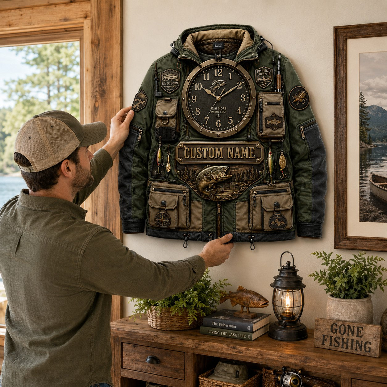 Fishing jacket Custom Name Wall Clock — personalized with a custom name