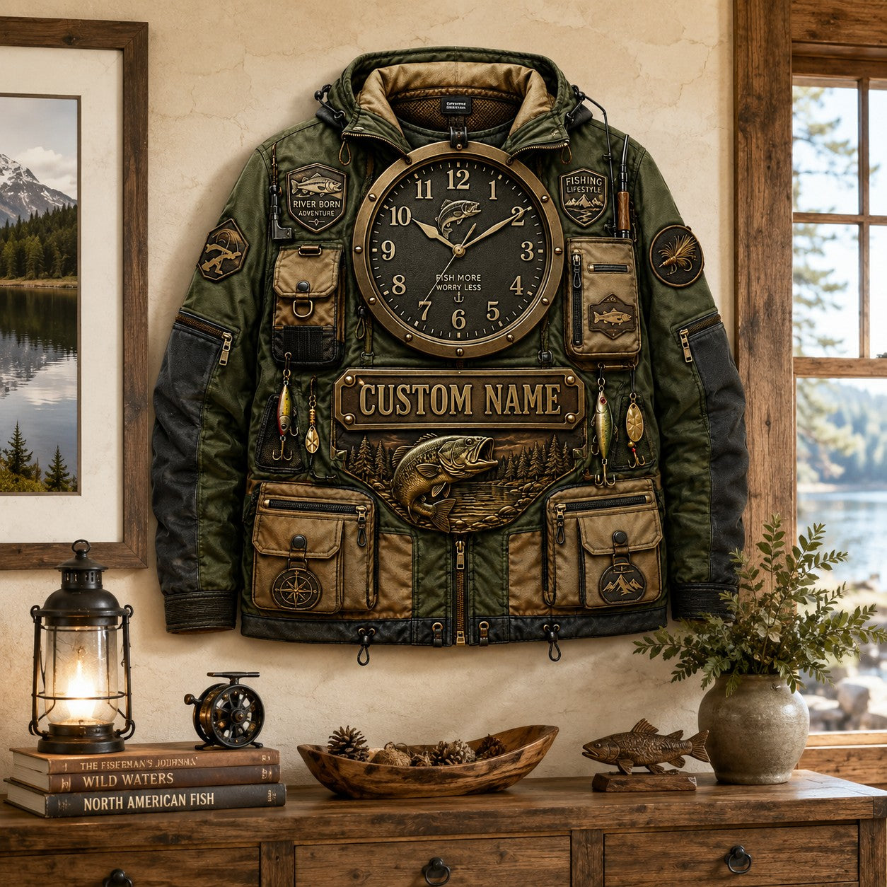 Fishing jacket Custom Name Wall Clock — personalized with a custom name