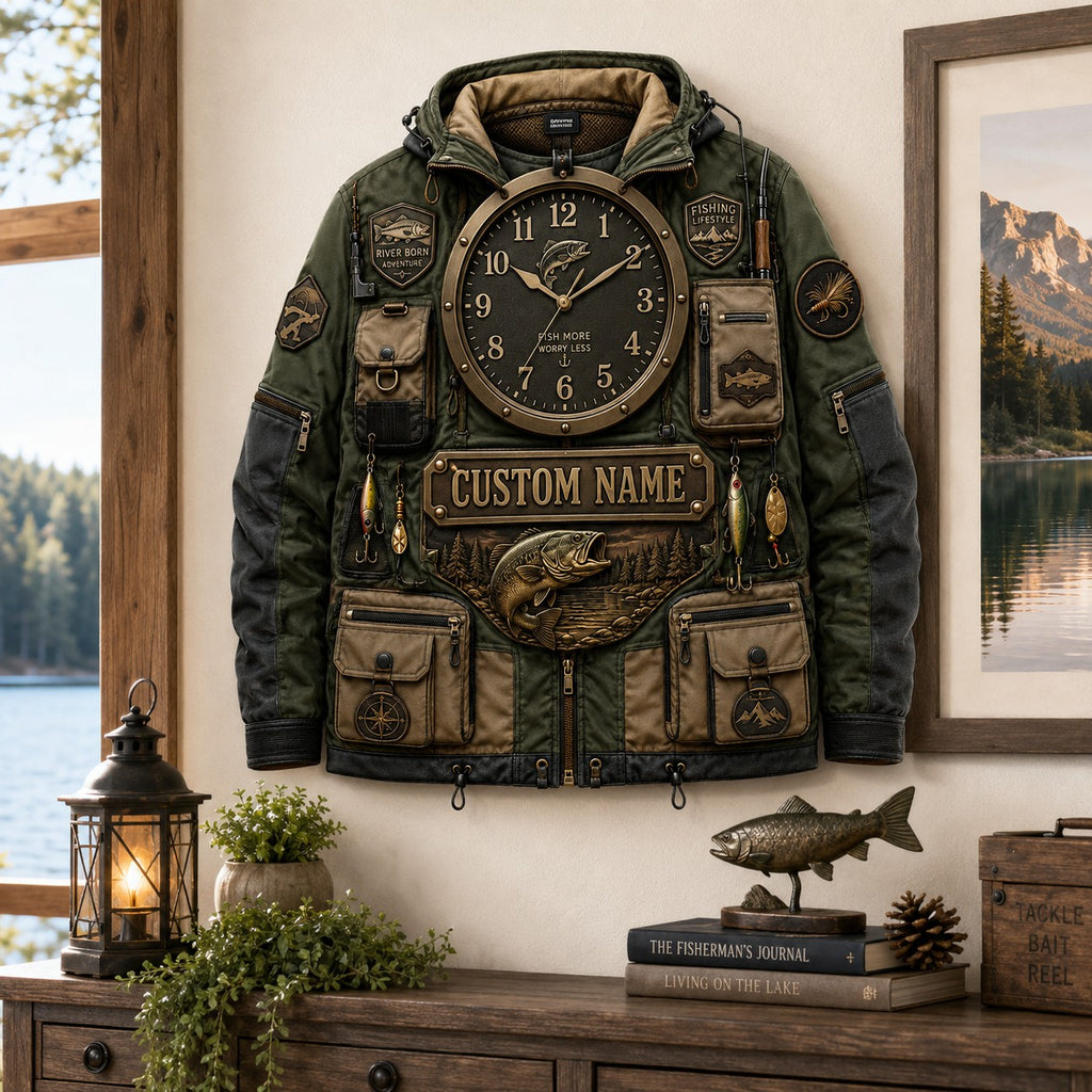 Fishing jacket Custom Name Wall Clock — personalized with a custom name