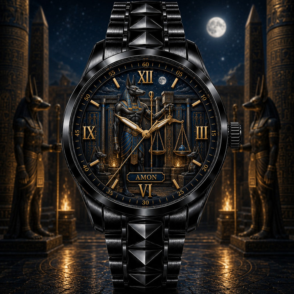 Personalized Anubis Scales Watch with a custom name set into the design