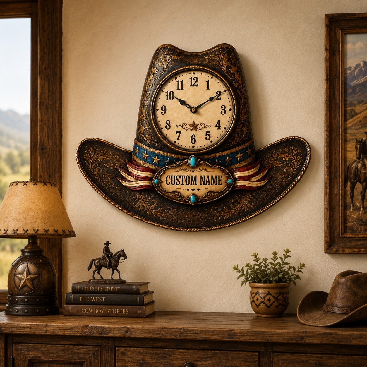 Cowboy hat shaped Custom Name Wall Clock — personalized with a custom name