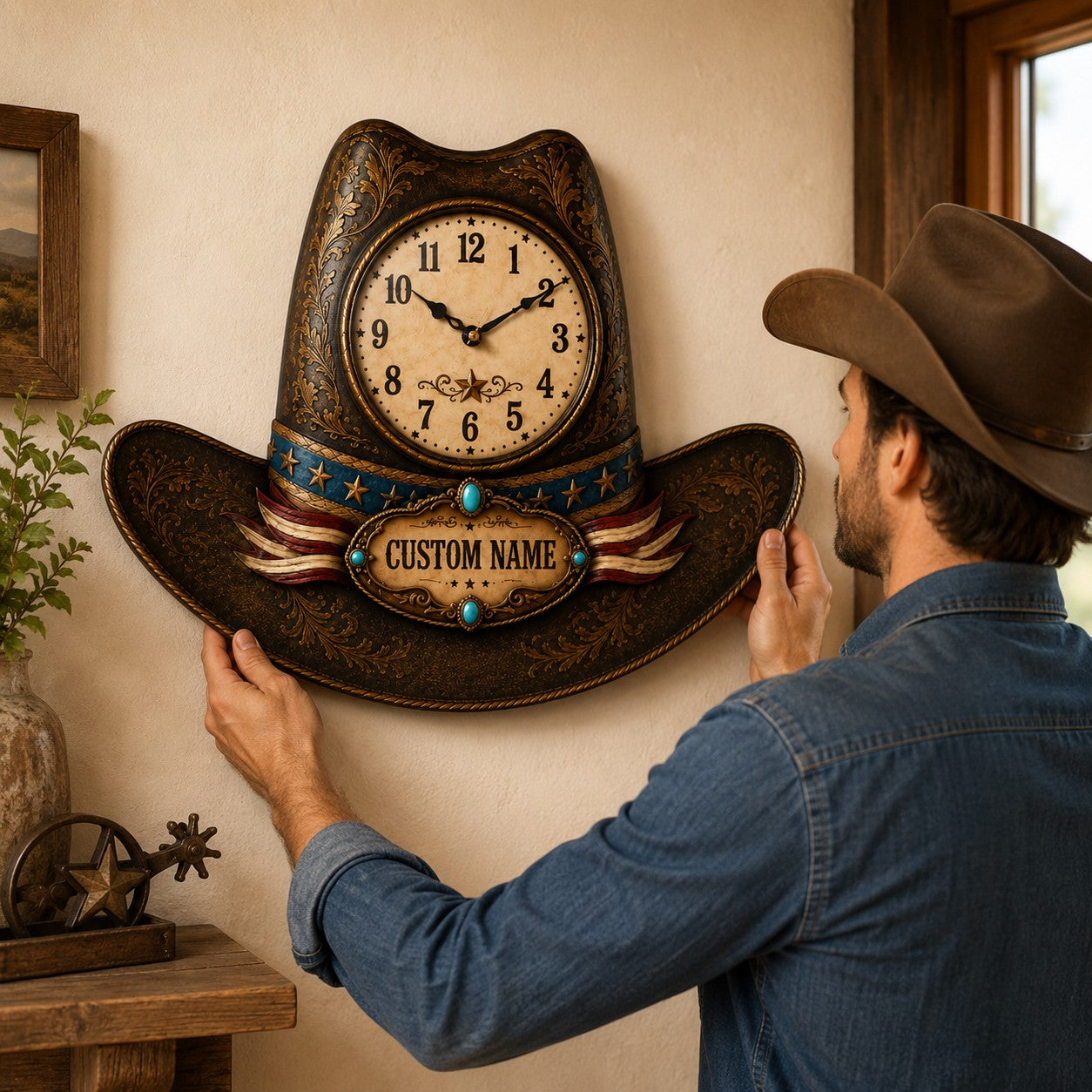 Cowboy hat shaped Custom Name Wall Clock — personalized with a custom name