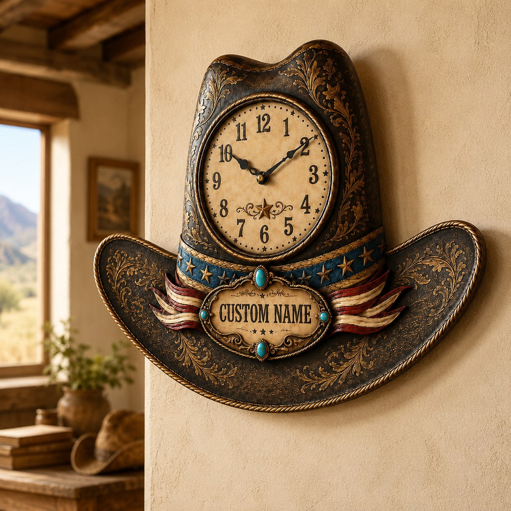 Cowboy hat shaped Custom Name Wall Clock — personalized with a custom name