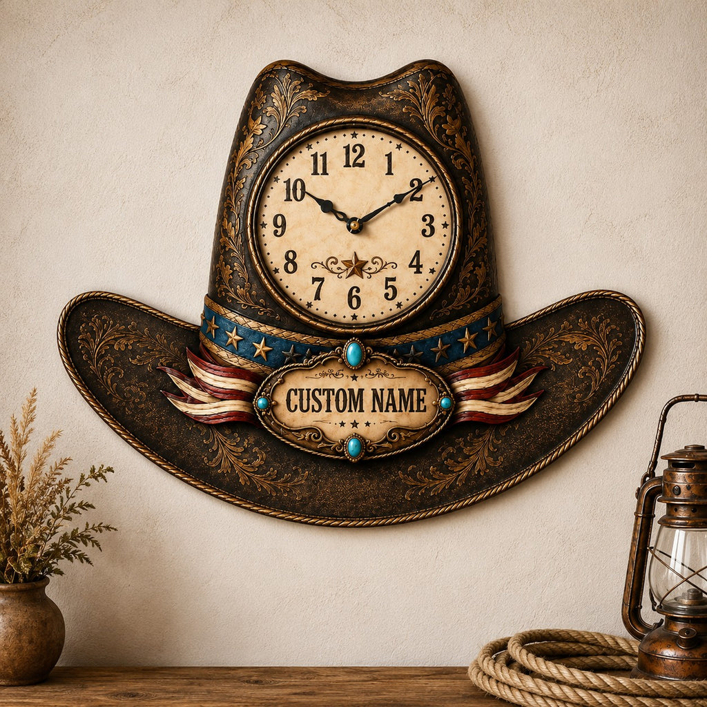 Cowboy hat shaped Custom Name Wall Clock — personalized with a custom name
