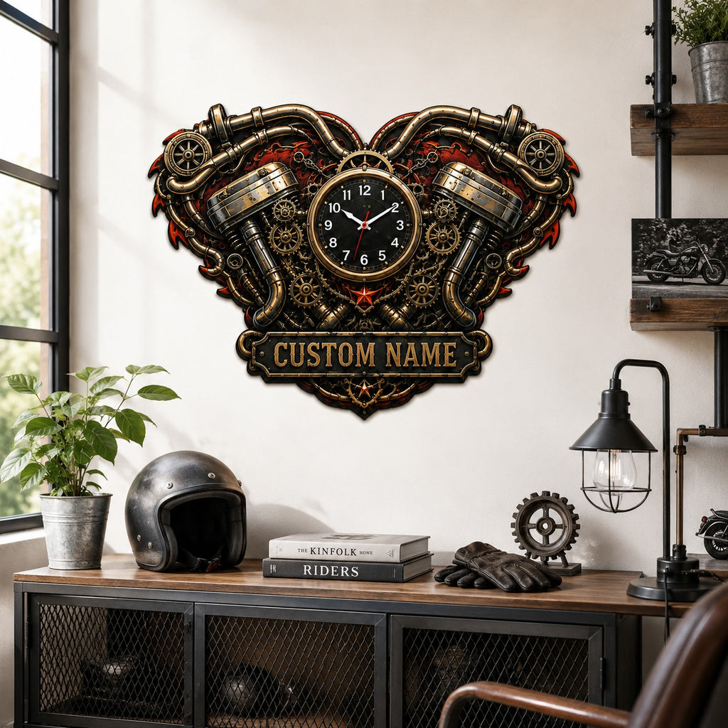 Motorcycle Custom Name Wall Clock — personalized with a custom name