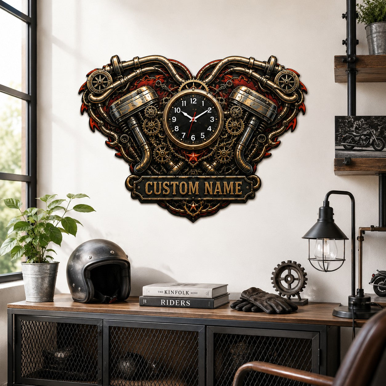 Motorcycle Custom Name Wall Clock — personalized with a custom name
