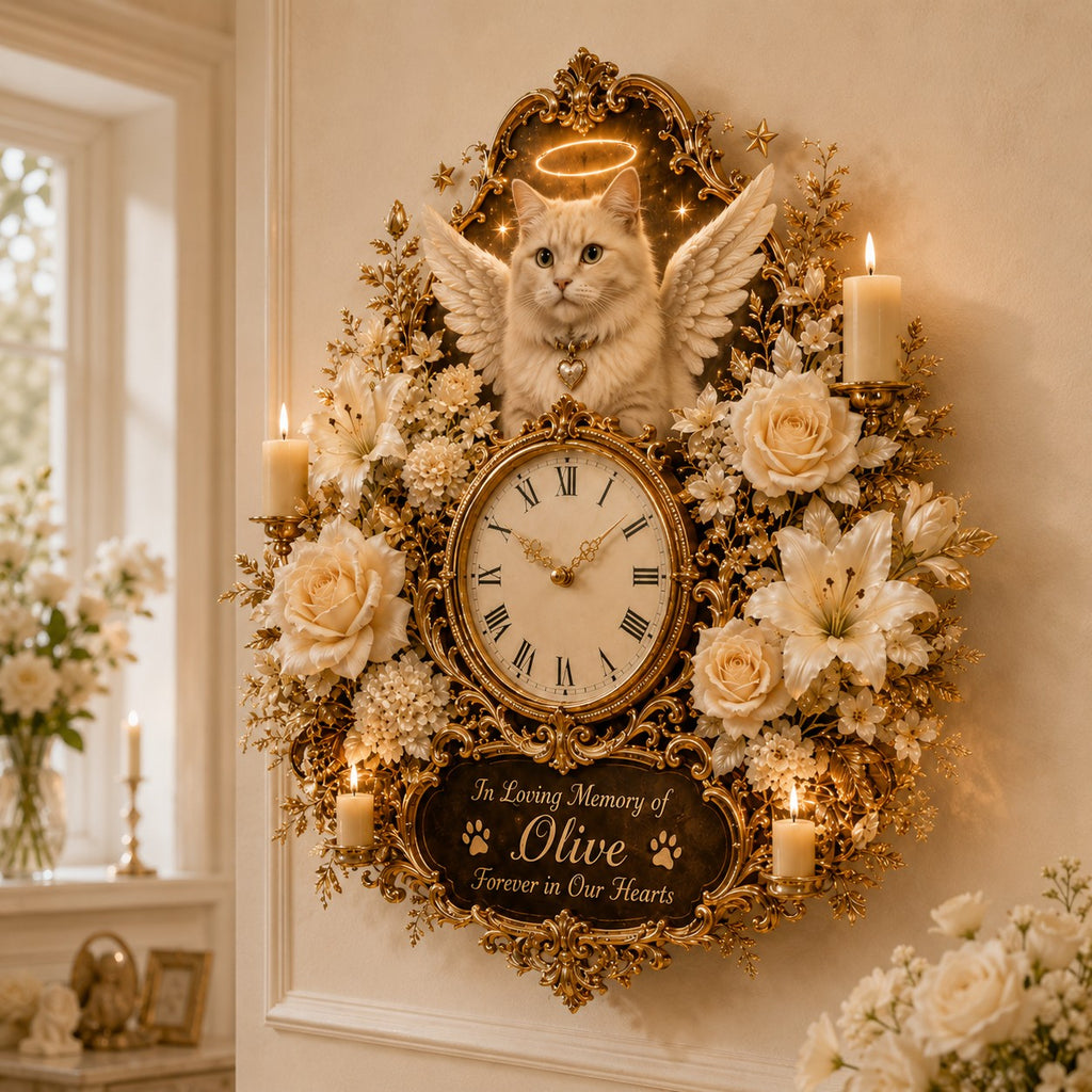 Cat Memorial Custom Name Wall Clock — personalized with a custom name