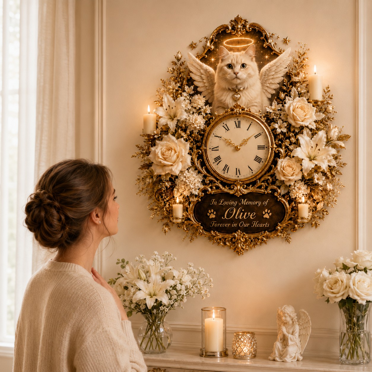 Cat Memorial Custom Name Wall Clock — personalized with a custom name