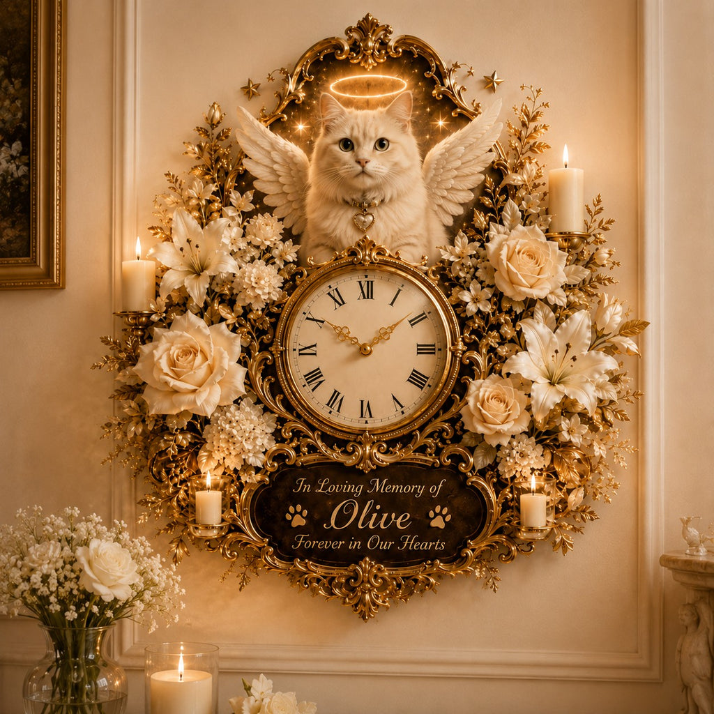 Cat Memorial Custom Name Wall Clock — personalized with a custom name