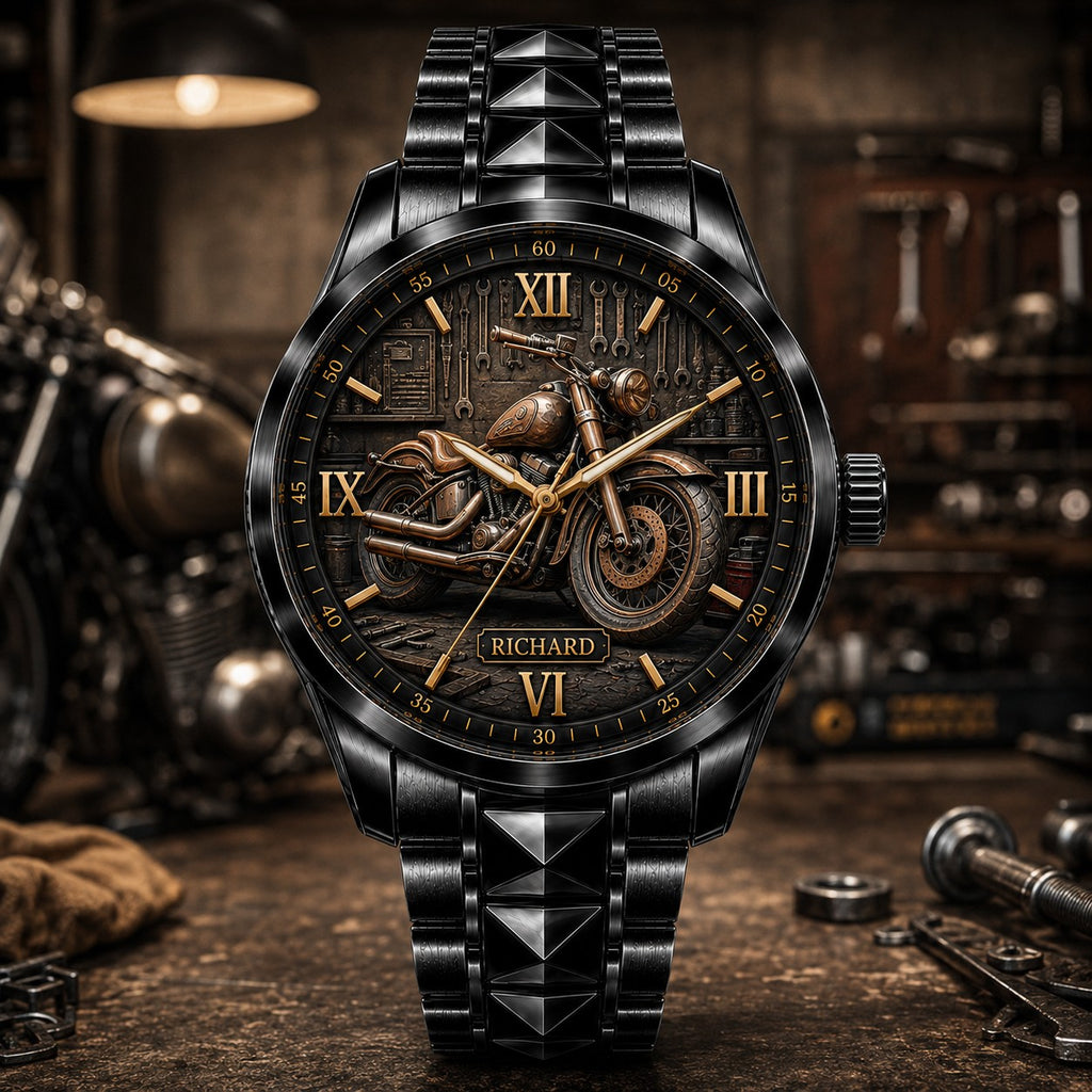 Custom Vintage Motorcycle Watch — personalized with a custom name