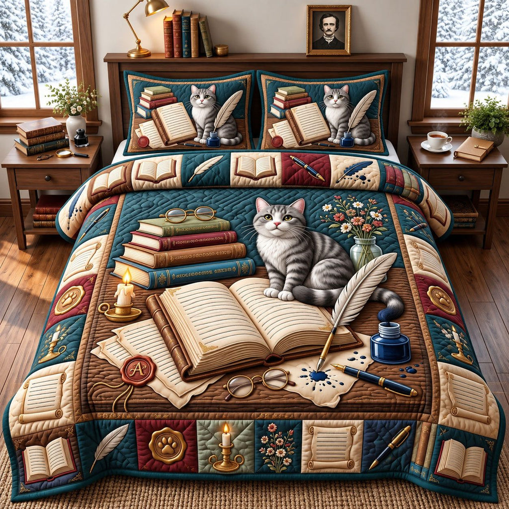 Quill And Ink Tabby Cat quilted 3-piece bedding set on a made bed with two matching pillow shams