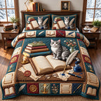 Quill And Ink Tabby Cat quilted 3-piece bedding set on a made bed with two matching pillow shams