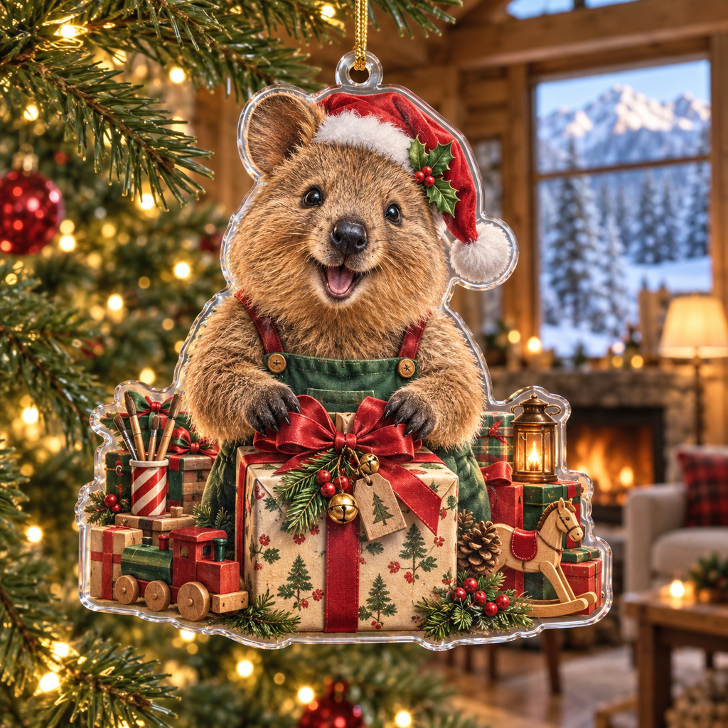 Quokka Acrylic Christmas Ornament — digital product visualization