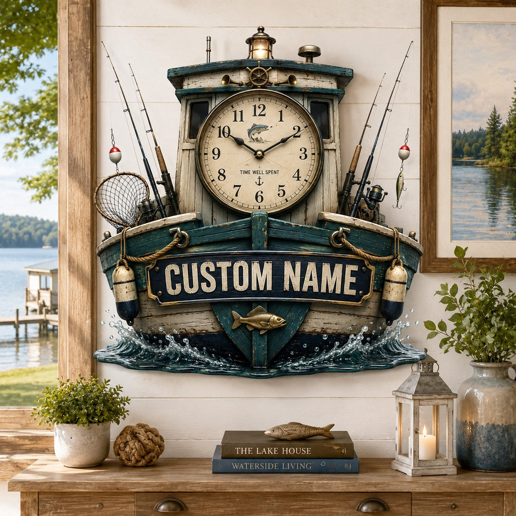Fishing boat Custom Name Wall Clock — personalized with a custom name