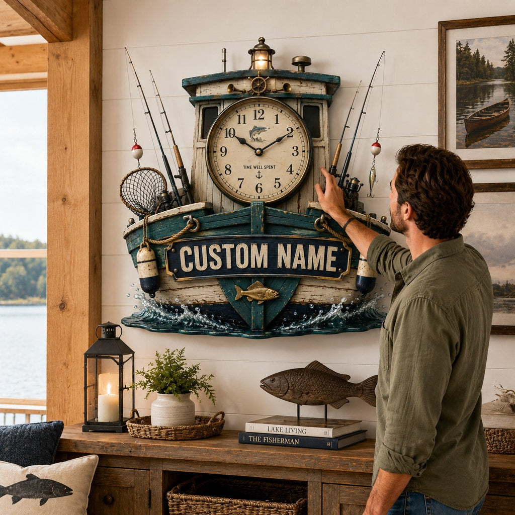 Fishing boat Custom Name Wall Clock — personalized with a custom name