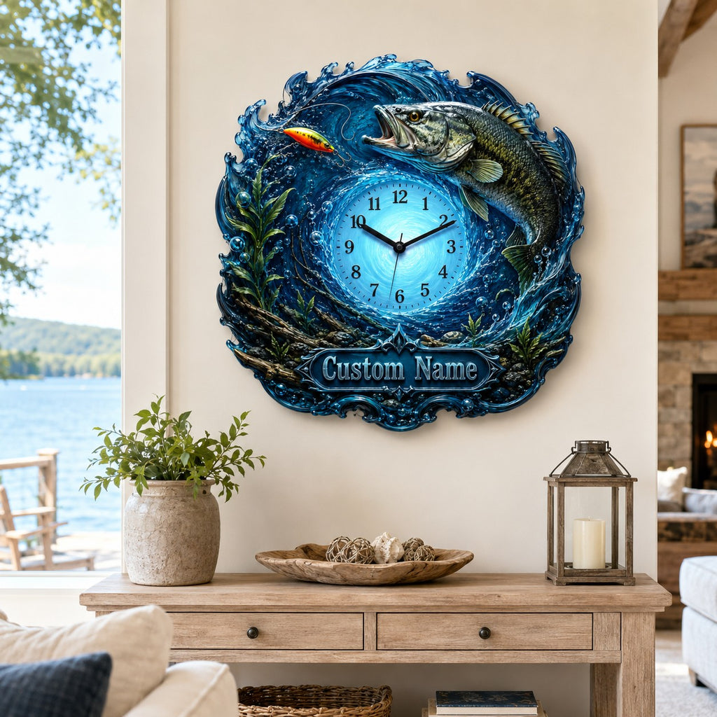 Personalized bass fishing wall clock — personalized with a custom name