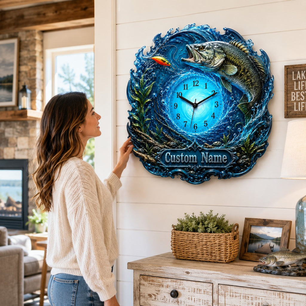 Personalized bass fishing wall clock — personalized with a custom name