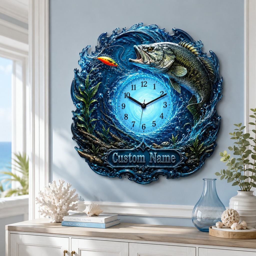 Personalized bass fishing wall clock — personalized with a custom name