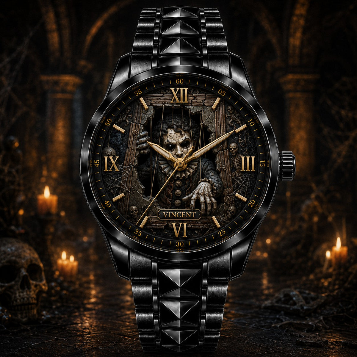 Custom Haunted Puppet Crypt Watch — personalized with a custom name